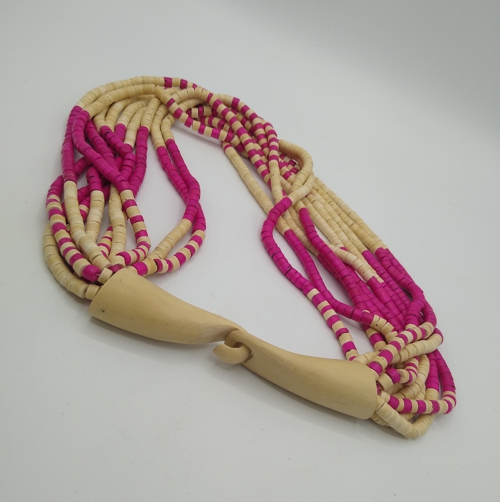 Pink & Cream Faux Bone Bead Multi-Strand Statement Choker Bib Necklace Vintage - Picture 9 of 9